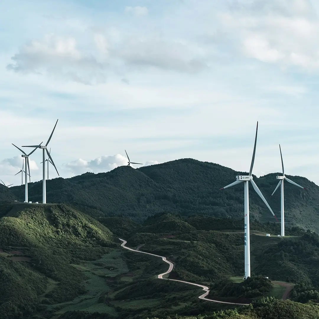 Landschaft mit sanften Hügeln, mehreren Windrädern und einem Weg, der sich durch die Szene schlängelt.
